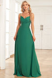 A Line Spaghetti Straps Dark Green Long Wedding Guest Dress