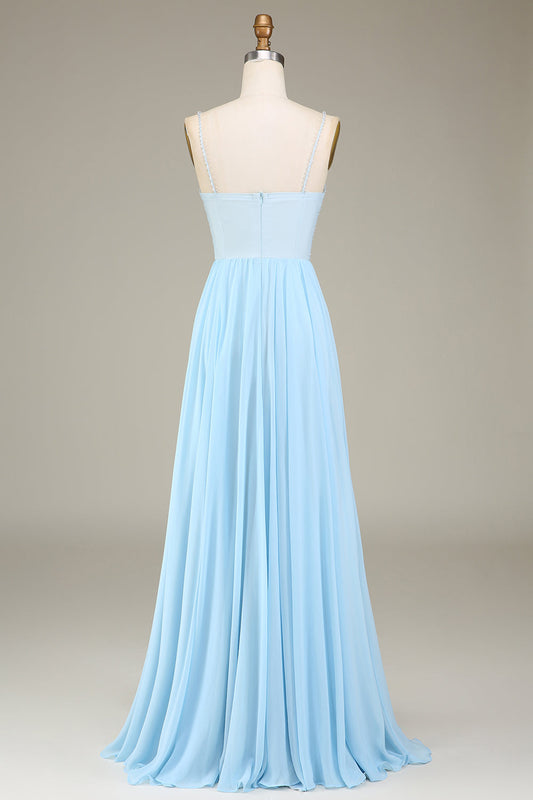 Sky Blue A-Line Spaghetti Straps Chiffon Long Bridesmaid Dress With Beading