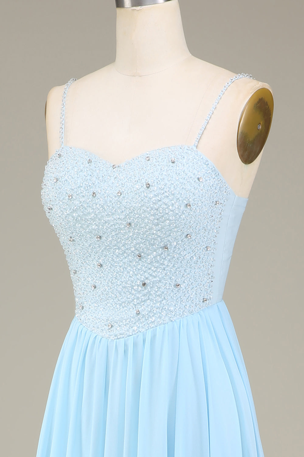 Sky Blue A-Line Spaghetti Straps Chiffon Long Bridesmaid Dress With Beading