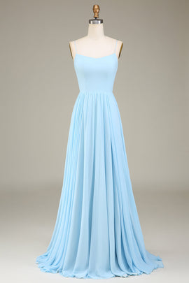 A-Line Spaghetti Straps Sky Blue Chiffon Long Bridesmaid Dress