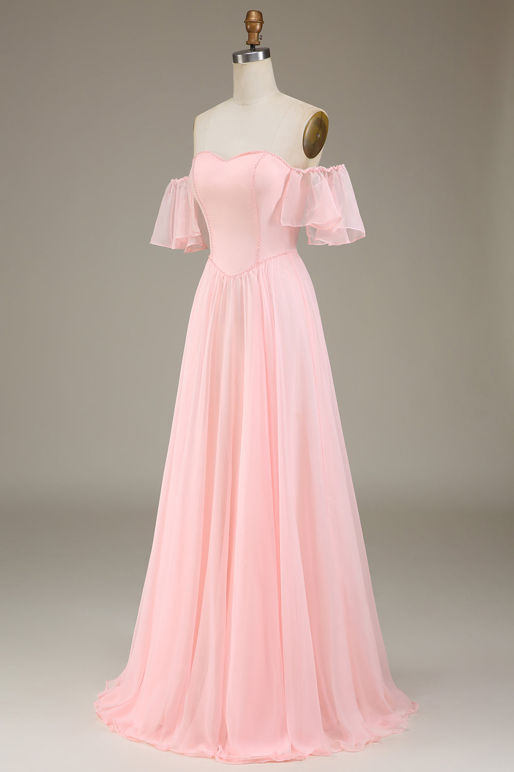 Blush Pink A-Line Off the Shoulder Chiffon Long Bridesmaid Dress