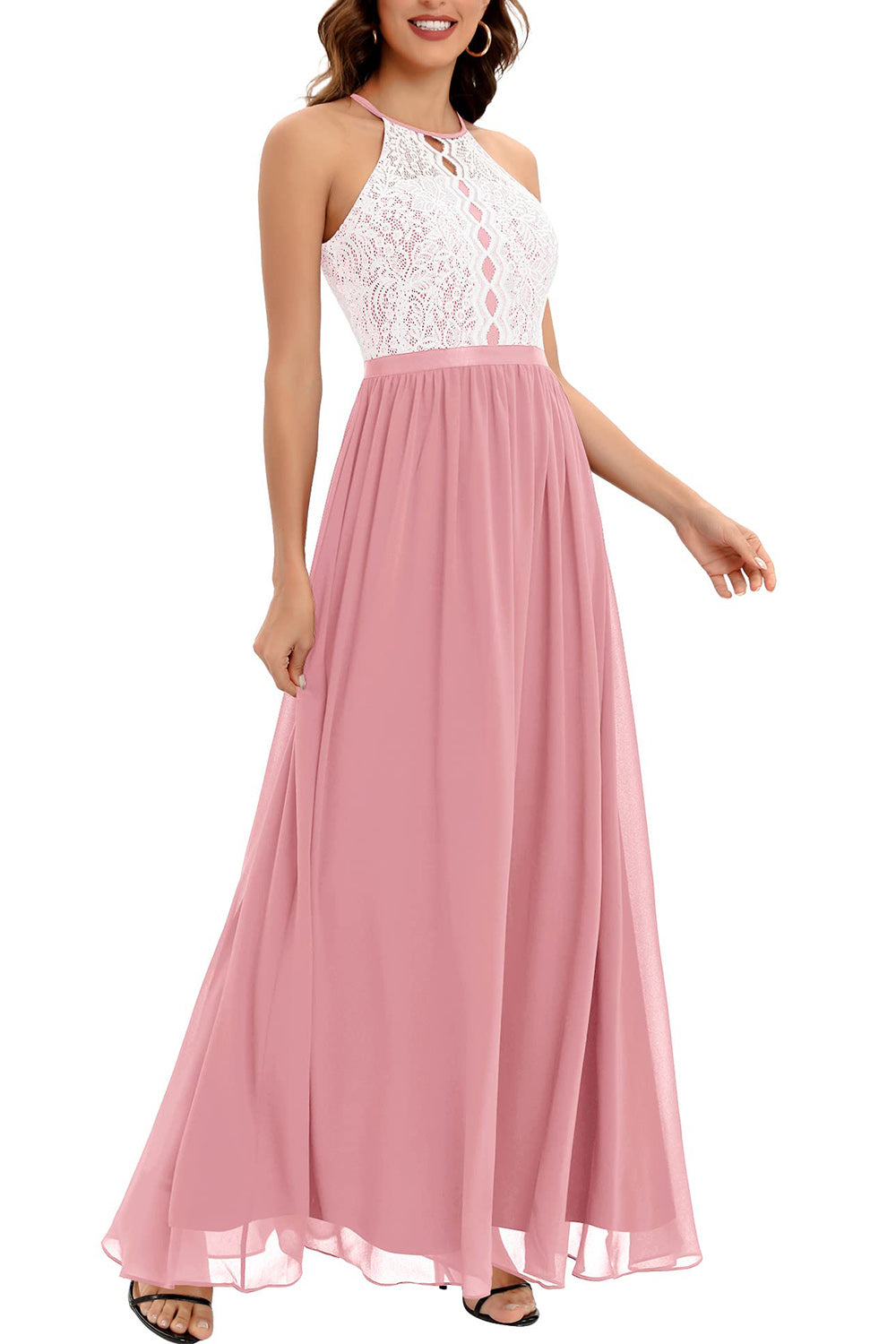 Zapakasa Women Halter Blush Formal Dress Floral Lace Chiffon Pink Long Bridesmaid Evening Party Gown Zapakasa Women Halter Blush Formal Dress Floral Lace Chiffon Pink Long Bridesmaid Evening Party Gown