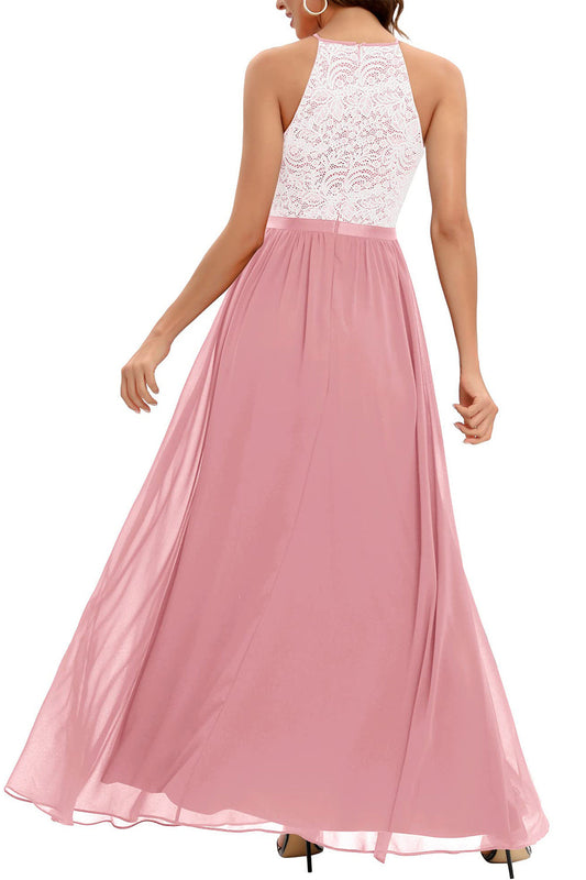 A Line Halter Blush Long Bridesmaid Dress with Lace