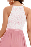 A Line Halter Blush Long Bridesmaid Dress with Lace