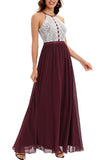A Line Halter Blush Long Bridesmaid Dress with Lace