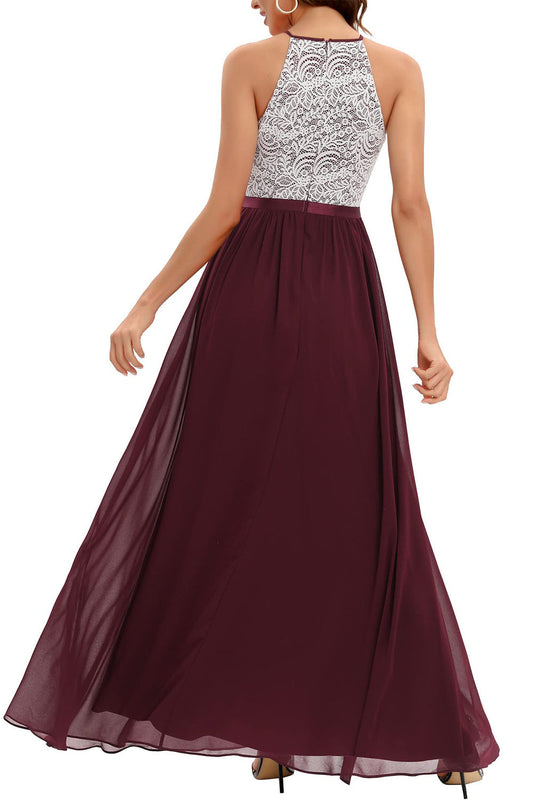 Burgundy A Line Halter Long Bridesmaid Dress with Lace