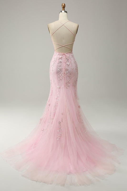Light Pink Spaghetti Straps Appliques Mermaid Long Prom Dress