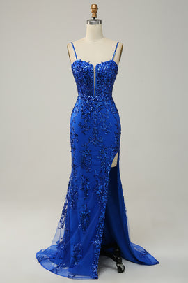 Royal Blue Spaghetti Straps Appliques Prom Dress with Slit