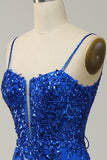 Royal Blue Spaghetti Straps Appliques Prom Dress with Slit