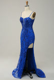 Royal Blue Spaghetti Straps Appliques Prom Dress with Slit