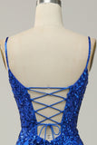 Royal Blue Spaghetti Straps Appliques Prom Dress with Slit