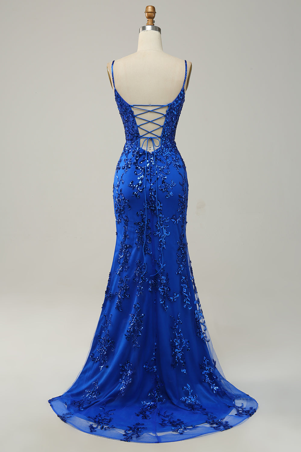 Royal Blue Spaghetti Straps Appliques Prom Dress with Slit