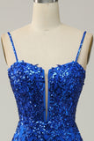 Royal Blue Spaghetti Straps Appliques Prom Dress with Slit