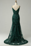 Sparkly Peacock Green Mermaid Spaghetti Straps Prom Dress With Appliques