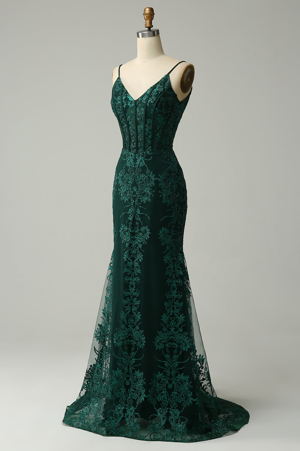 Sparkly Peacock Green Mermaid Spaghetti Straps Prom Dress With Appliques