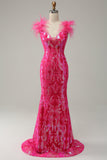 Orange Sequins Off the Shoulder Mermaid Long Prom Dress with Feathers