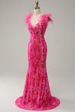 Orange Sequins Off the Shoulder Mermaid Long Prom Dress with Feathers