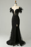 Off the Shoulder Black Long Mermaid Prom Dress with Feathers