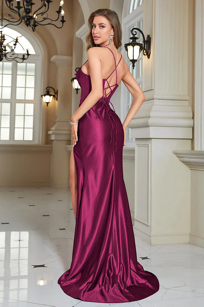 Fuchsia Mermaid Spaghetti Straps V-Neck Sequin Prom Dress With Split main image 0