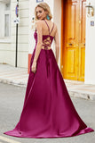 Fuchsia A Line Spaghetti Straps Long Prom Dress with Appliques