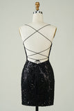 Black Sequins Spaghetti Straps Tight Homecoming Dress