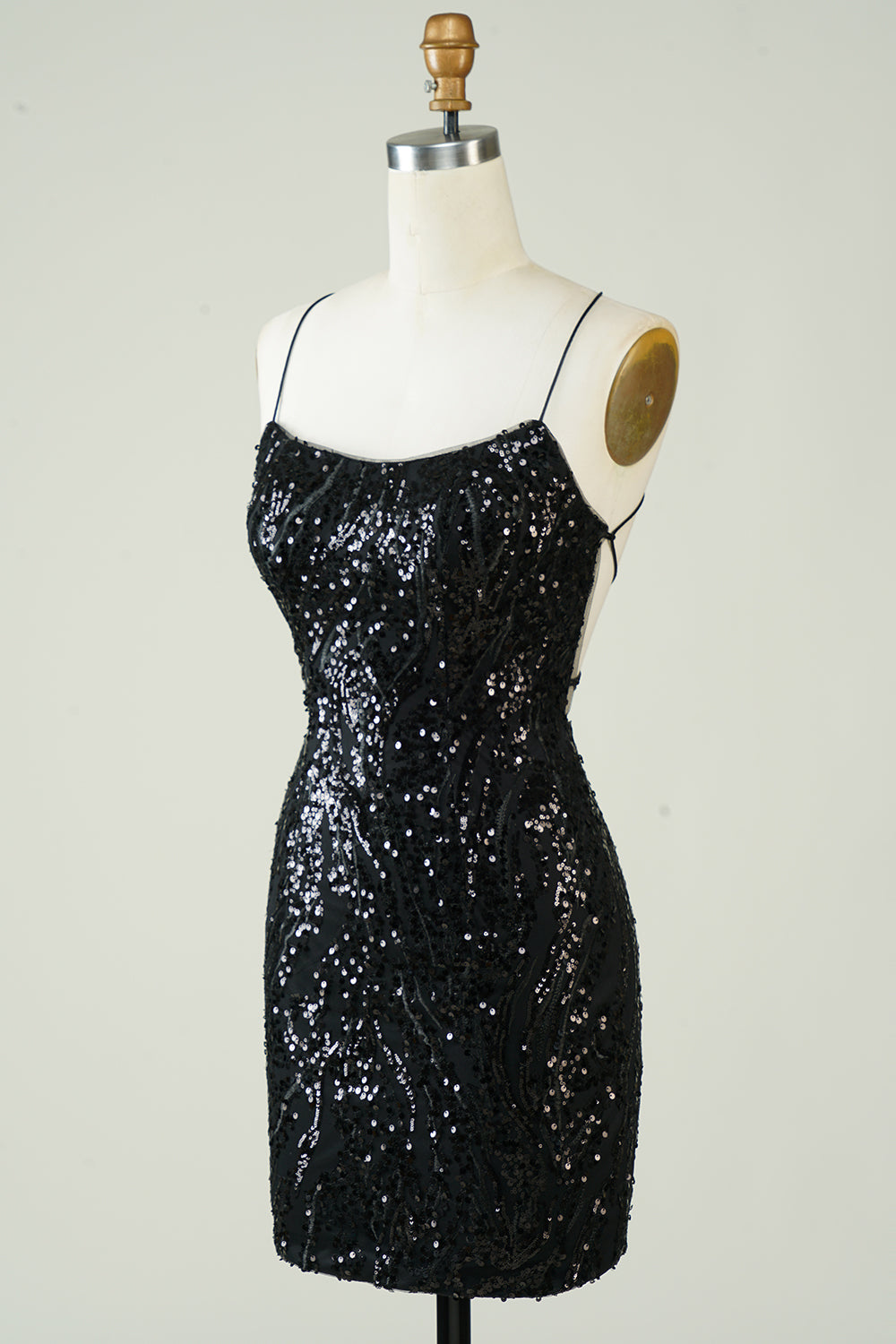 Black Sequins Spaghetti Straps Tight Homecoming Dress