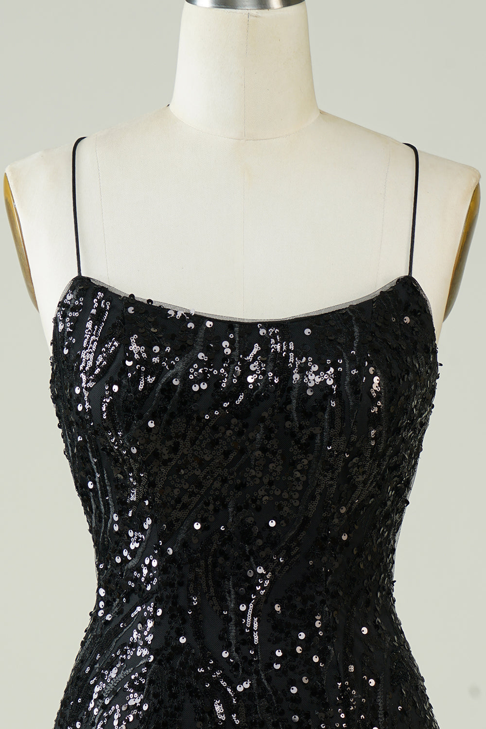 Black Sequins Spaghetti Straps Tight Homecoming Dress