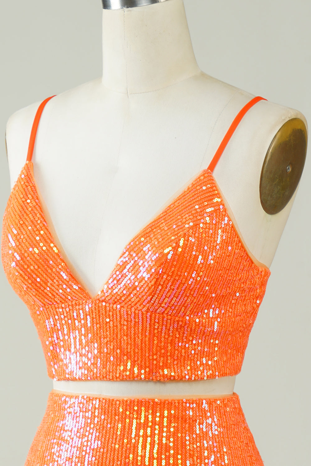 Two Piece Orange Sequins Tight Homecoming Dress