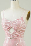 Velvet Sequins Pink Tight Homecoming Dress with Hollow-out