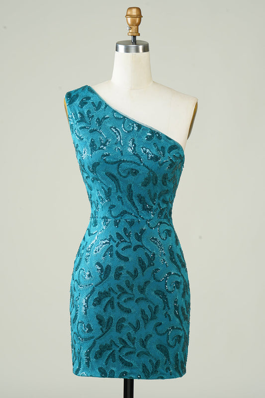 Blue One Shoulder Tight Homecoming Dress with Back Hollow-out