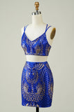 Royal Blue Two Piece Glitter Tight Homecoming Dress