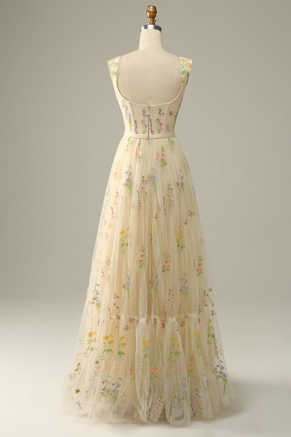 Zapakasa Champagne Prom Dress A Line Straps Tulle Floral Party Dress