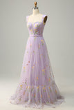 A Line Purple Tulle Floral Prom Dress