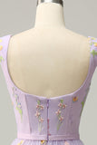 A Line Purple Tulle Floral Prom Dress