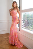 Mermaid Spaghetti Straps Coral Sequins Prom Dress