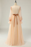 Elegant A Line V Neck Apricot Long Prom Dress with Appliques