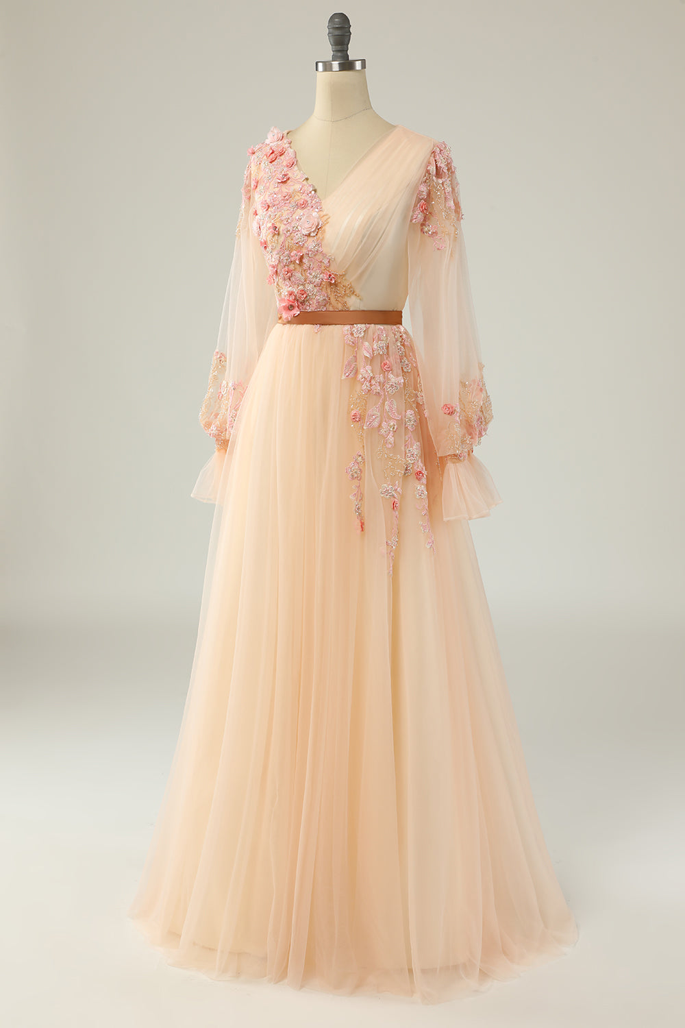 Elegant A Line V Neck Apricot Long Prom Dress with Appliques