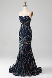 Sparkly Navy Mermaid Sequins Long Prom Dress