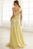Light Yellow One Shoulder Sequined Prom Dress With Slit