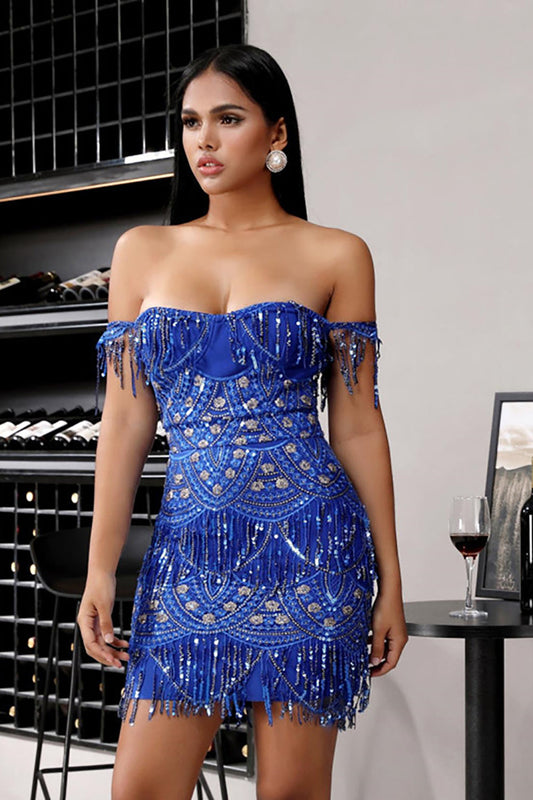 Sheath Off the Shoulder Blue Short Cocktail Dress with Tassel