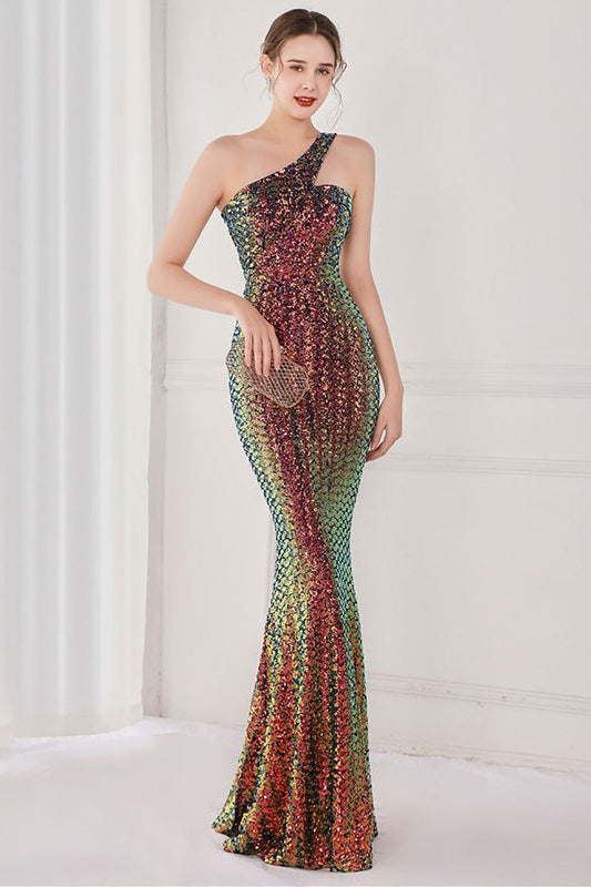 Colorful One Shoulder Sequined Mermaid Evening Dress