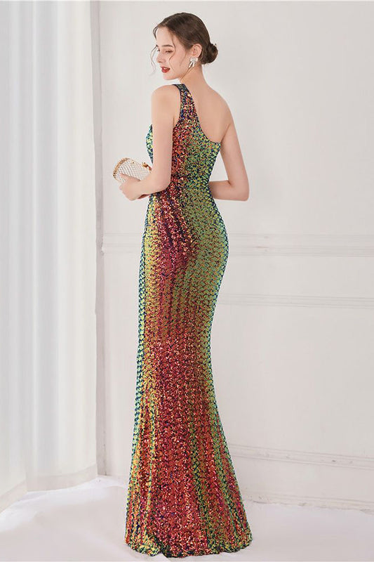Colorful One Shoulder Sequined Mermaid Evening Dress