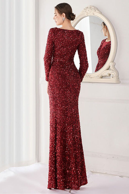 Burgundy Sequined Long Sleeves Evening Dress with Slit