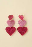 Fuchsia Sparkly Three Hearts Earrings