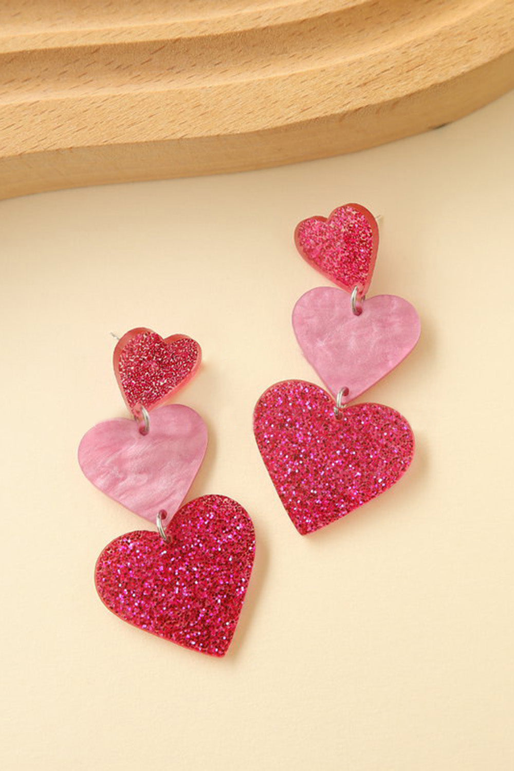 Fuchsia Sparkly Three Hearts Earrings