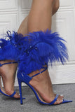 Royal Blue Feather Pointed Toe Stiletto Sandals