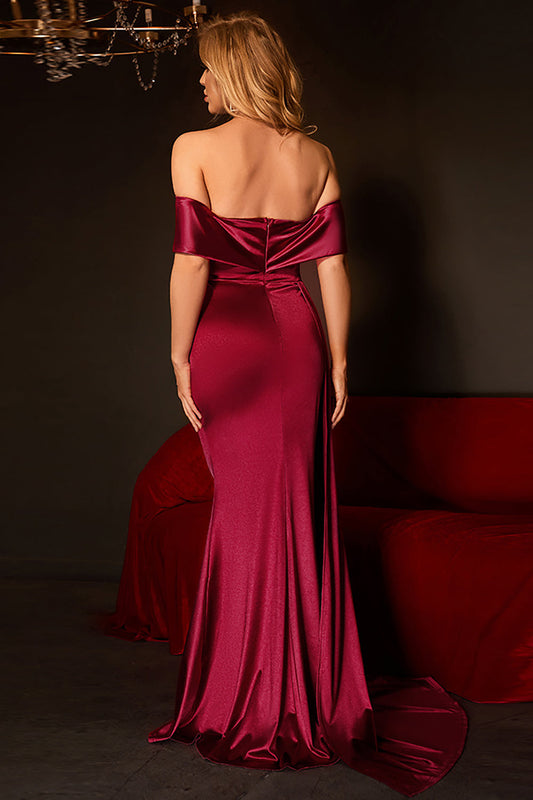 Mermaid Off The Shoulder Burgundy Holiday Dress with Ruffles