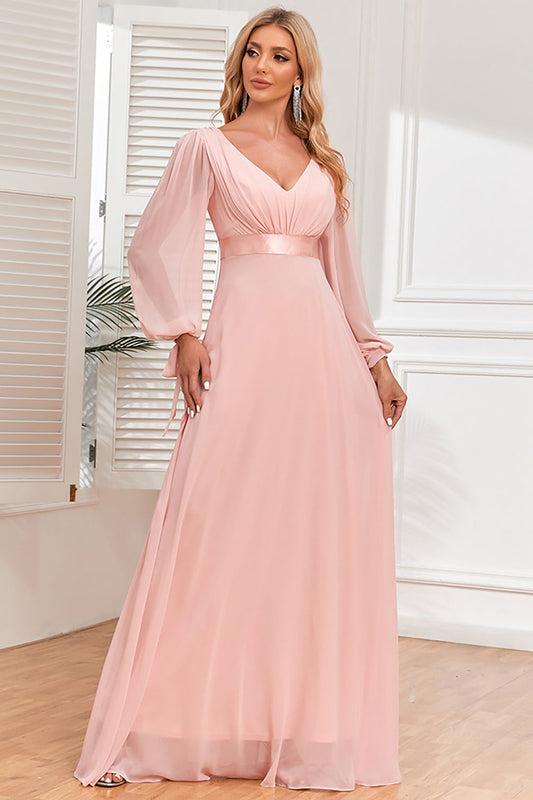 Chiffon V-Neck Blush Formal Dress with Long Sleeves