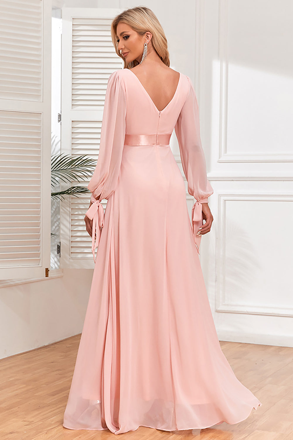 Chiffon V-Neck Blush Formal Dress with Long Sleeves