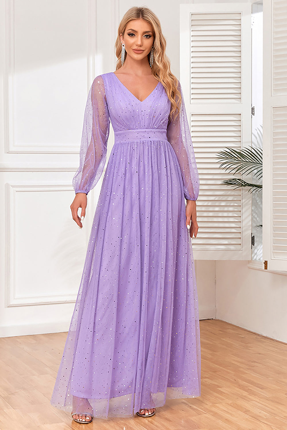 A-Line Long Sleeves Lilac Holiday Party Dress with Slit